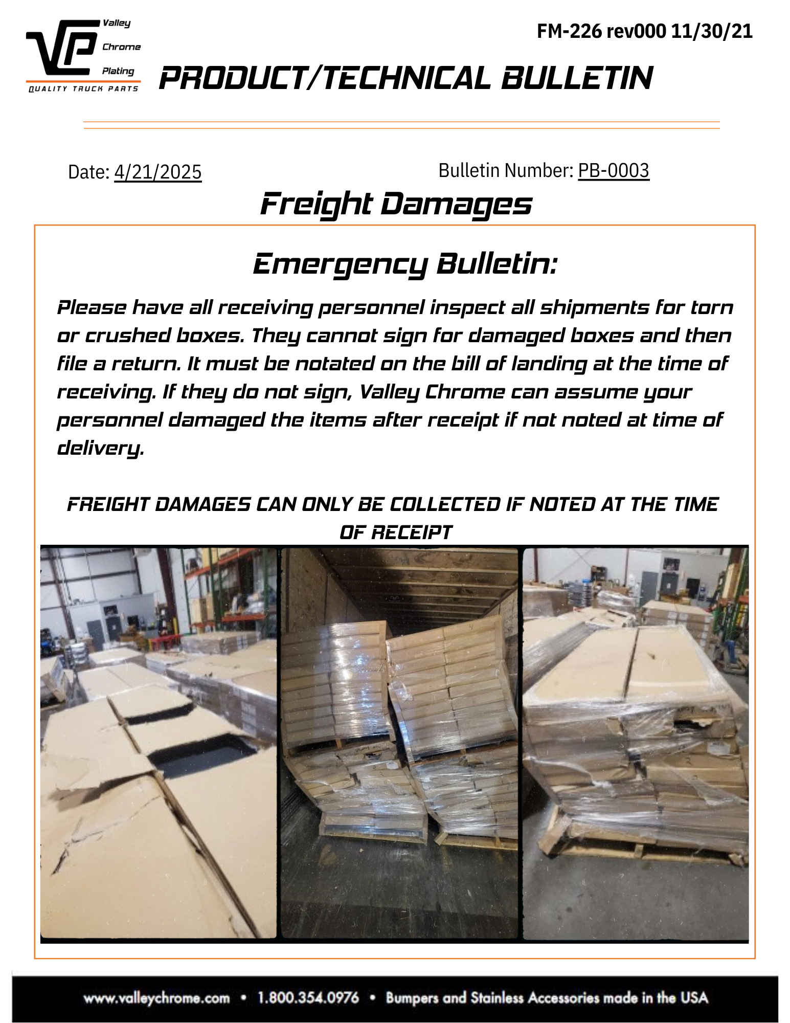 Product Bulletin - Freight Damage